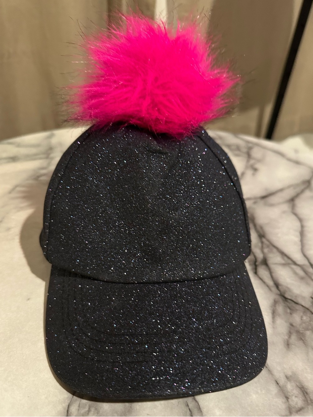 Primark Black Glitter Kids Cap with Bright Pink Pom